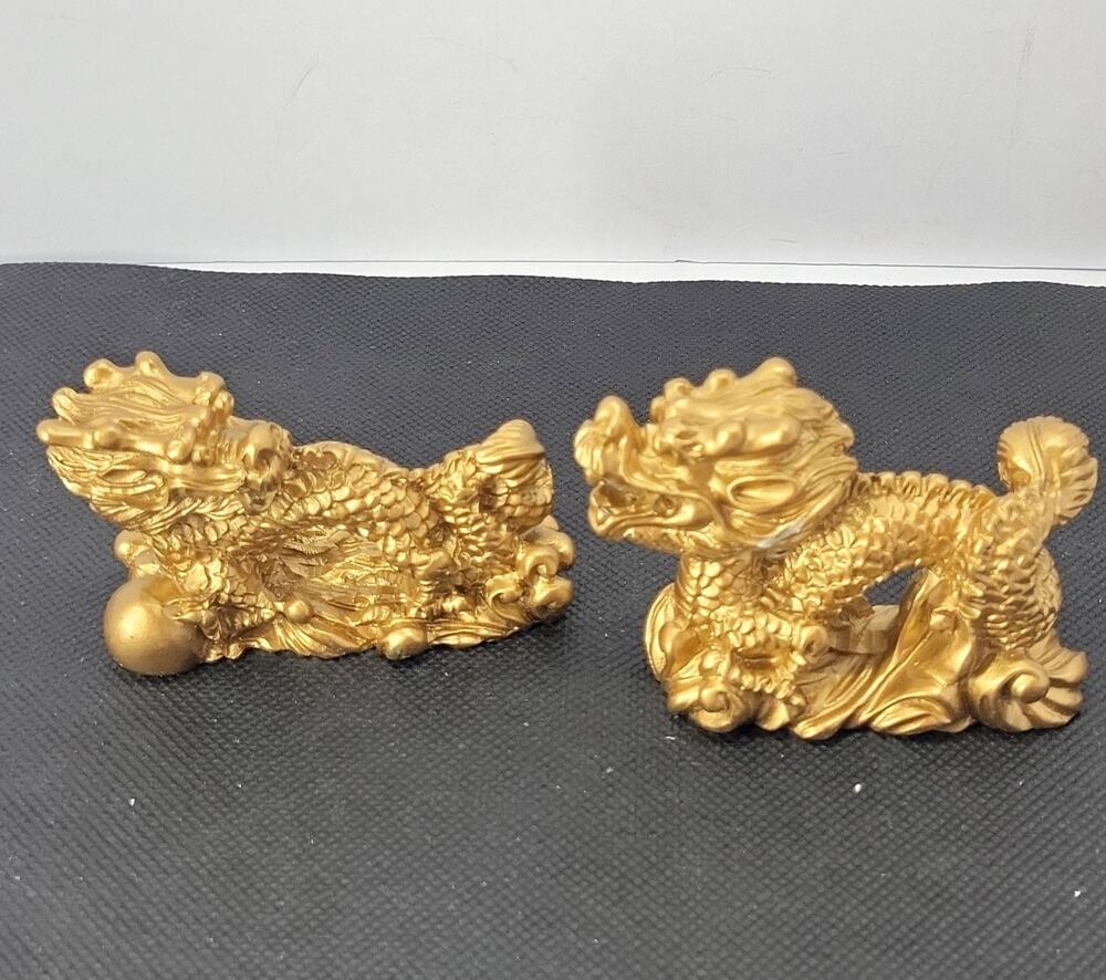 Set of 2 Chinese Golden Dragon Figurines Feng Shui Asian Decor 3" Gold